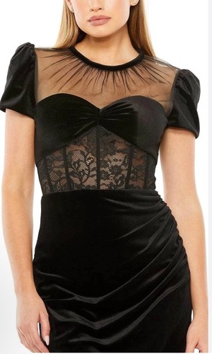 Mac Duggal Sheer Bustier Top Lace Asymmetrical Hemline Dress Sz 4