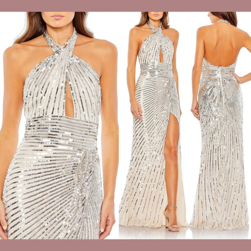 NWT $498 Mac Duggal [ 8 ] 5650 Embellished Keyhole Halter Strap Draped Gown Q801