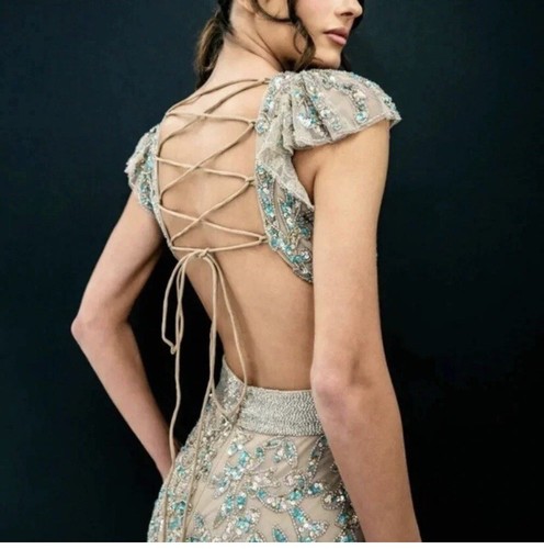 Mac Duggal 5636 Sage Green Sequined Illusion Neckline Size 4 $798