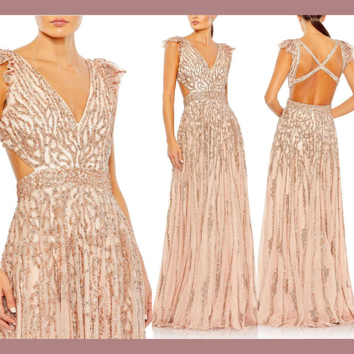 NWT $698 Mac Duggal [ 0 ] Sequin Flutter Cap Sleeve Cut out A line Apricot S1176