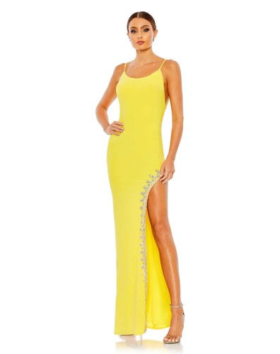 NWT Mac Duggal Yellow Rhinestone Encrusted Side Slit Cami Body Con Gown Size 4