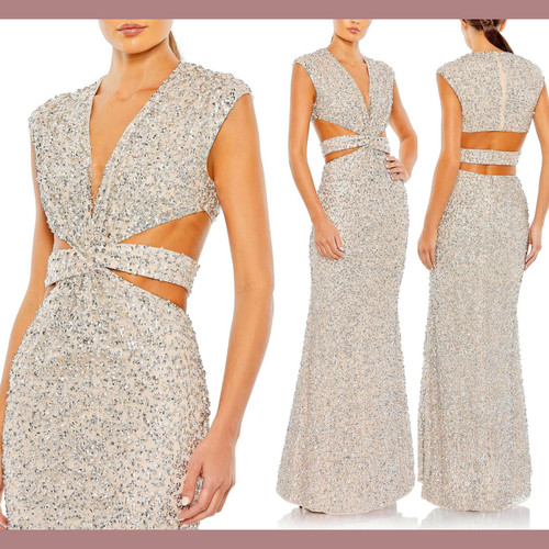 NWT$498 Mac Duggal [ 2 ] 10919 Sequined Cap Sleeve Plunge Neck Cut out Gown J941