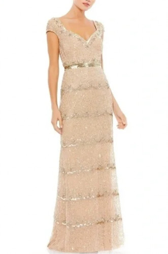 NWT $598 Mac Duggal [ 2 ] Cap Sleeve Embellished Column Gown in Nude G #Q549
