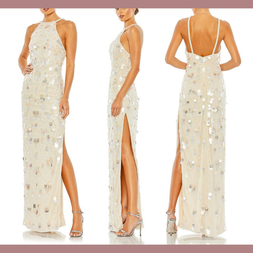 NWT$598 Mac Duggal [ 4 ] Crystal Embellished Cascade Column Gown Porcelain G1730