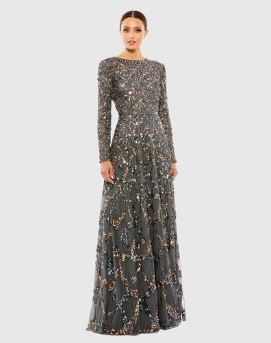 $698 Mac Duggal Gray Embellished Illusion High Neck Long Sleeve 10 Wedding 5496