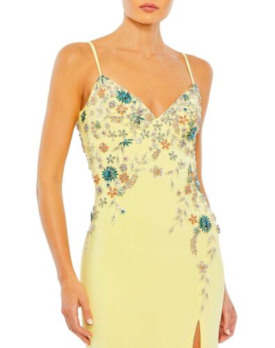 MAC DUGGAL SIZE 14 MULTI COLOR BEADED FLORAL CAMI HIGH SLIT STRAPPY GOWN  $498