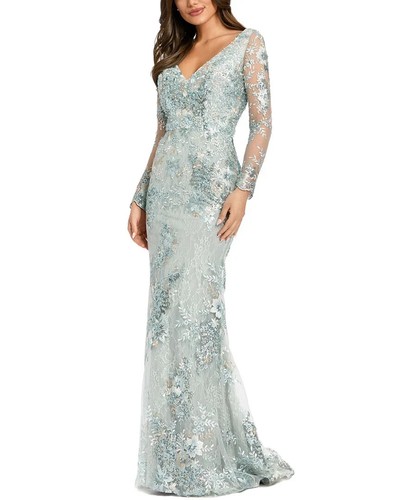 $698 MAC DUGGAL Embellished V Neck Illusion Long Sleeve Gown 2 Seamist 67539