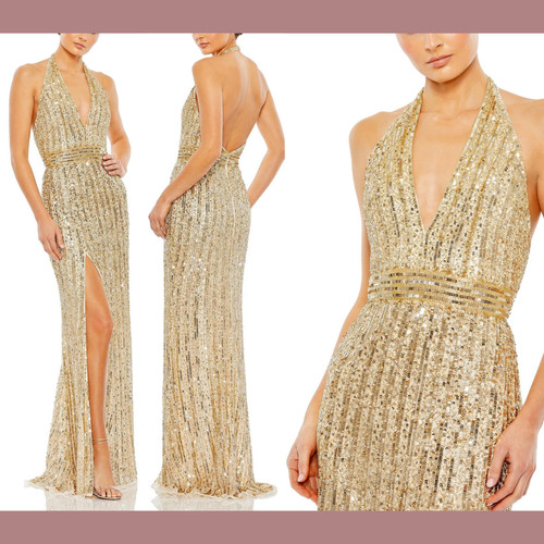 Mac Duggal Key Hole Beaded Mesh Column Gown
