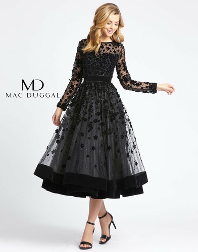 without tags MAC DUGGAL 67007D Black Floral 3D Luxe Velvet Sheer Long Sleeve Tea