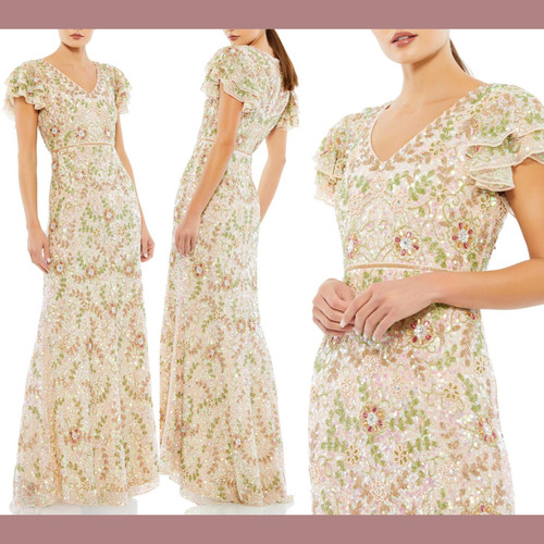 NWT $698 Mac Duggal [ 4 ] Embellished Ruffled Cap Sleeve V Neck Gown Nude #S1105