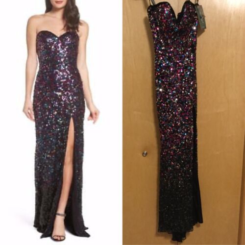 $338 New MAC DUGGAL Strapless COLORFUL Sequin CONFETTI Bustier Slit TRAIN GOWN