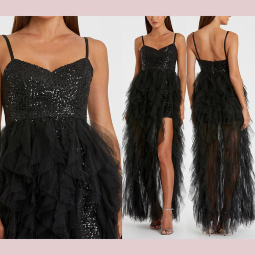 NWT IEENA Mac Duggal [ 8 ] 27119 Sequin Mini High Low Ruffle Tiered Train #J995