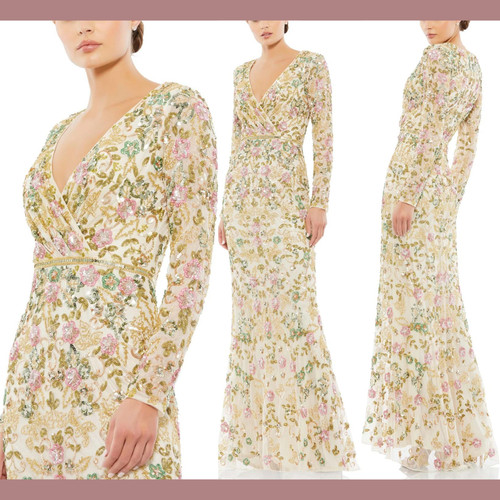 NWT $698 Mac Duggal [ 4 ] Long Sleeve Floral Embellished Gown in Nude Mult #Q633