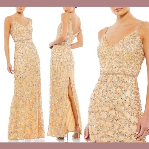 NWT $398 Mac Duggal [ 2 ] Sleeveless V Neck Beaded Column Gown Nude #G1636