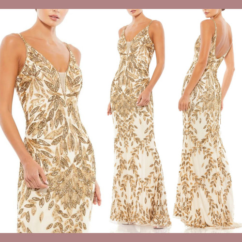 NWT Mac Duggal [ 2 ] 1808 Hand Beaded Floral Spaghetti Strap Gown in Rose #J1586