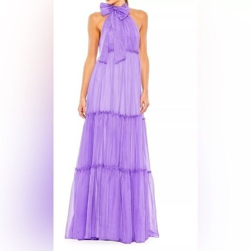 MAC DUGGAL Tie Neck Tiered Halter Gown