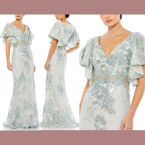 NWT $698 Mac Duggal [ 30 ] Sleeve Flutter Floral Embellished Gown Seafoam #S1006