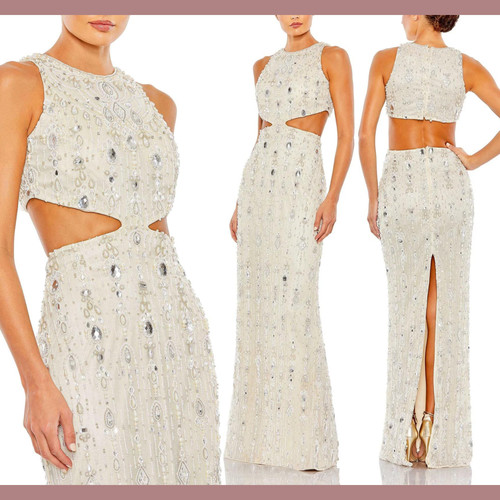 NWT Mac Duggal [ 4 ] 93981 Halter Neck Embellished Detailed Back Gown Nude S1262