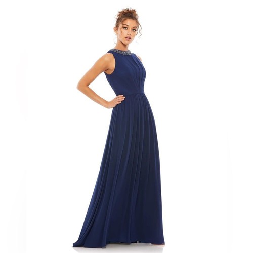 BEJEWELED NECKLINE PLEATED CHIFFON GOWN Mac Duggal