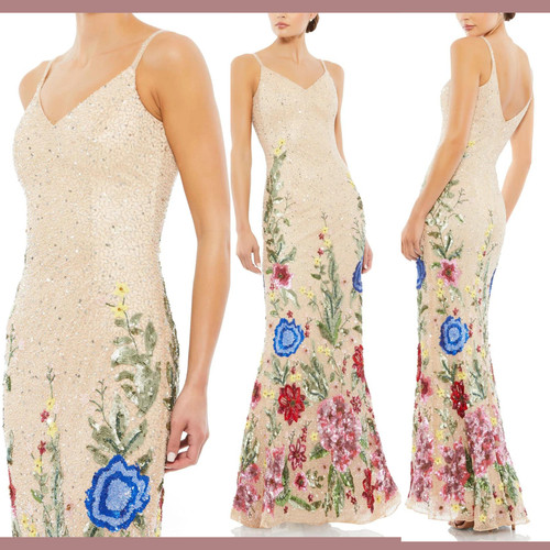 NWT $598 Mac Duggal [ 6 ] 9089 Cap Sleeve Embellished Column Gown Nude G J681
