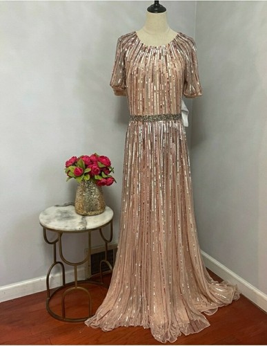 $698. MAC DUGGAL 4913M Rose Pink Glitter Metallic Sequin Stripe A Line Gown 4 US