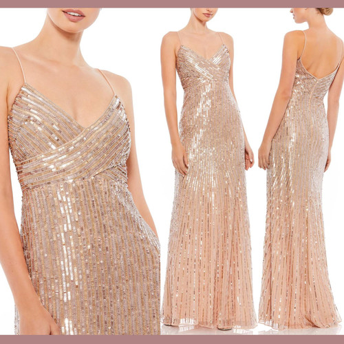 NWT $498 Mac Duggal [ 2 ] V Neck Sequin Spaghetti Strap Gown G   Rose #G1502