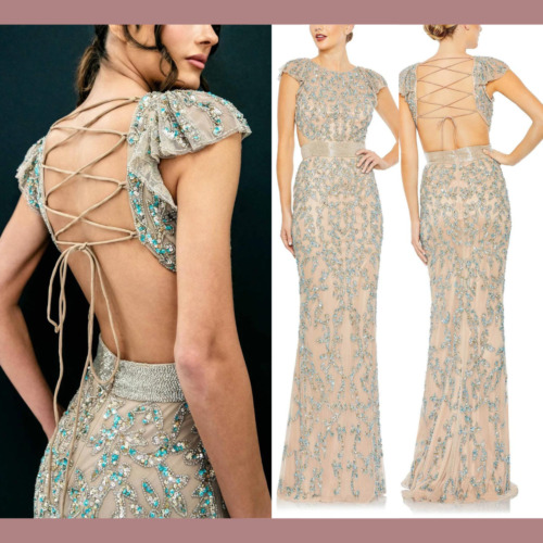 Mac Duggal Blue Halter Sequin Embellished Gown with Cut Out Back and Slits.