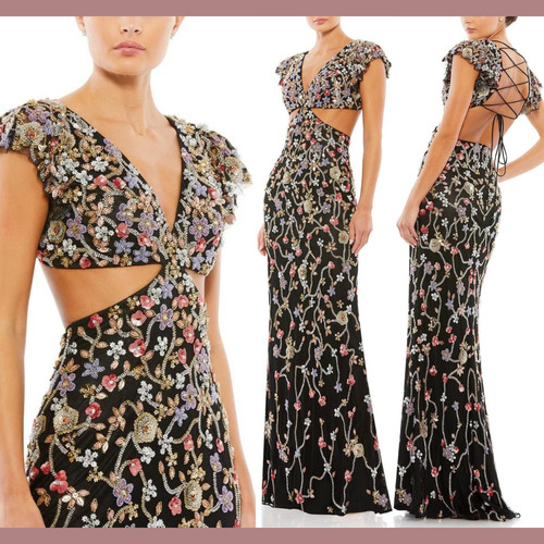 NWT $698 Mac Duggal [ 2 ] Cutout Waist Corset Back Floral Embellished Gown G1880