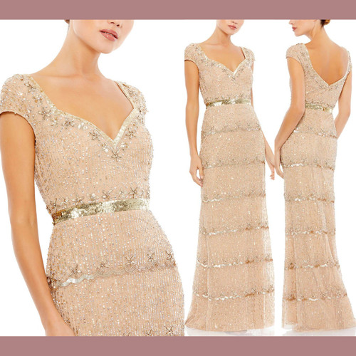 (81) ❤️ BNWT Mac Duggal HIGH NECK FLUTTER CAP SLEEVE GOWN $598