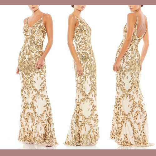 NWT Mac Duggal [ 4 ] 5107 Plunging V Neck Embellished Leaf Gown Nude G #G1843