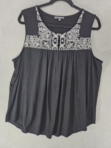 Adrianna Papell Womens Plus 1X Tank Top Shirt Black Keyhole Embroidery Camisole