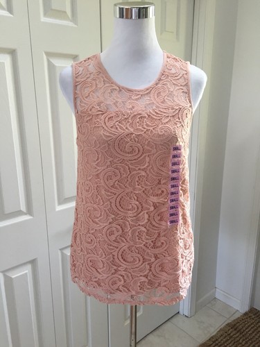 NWT ADRIANNA PAPELL Blush Pink Stretch Lace Overlay Tank S