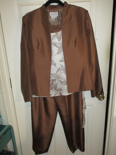 Adrianna Papell Women’s Brown Silk Pant Suit Jacket Camisole Pants Sz 8