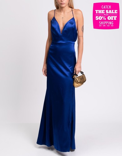 RRP €350 AIDAN MATTOX Satin Gown US14 UK18 IT50 XXL Blue Lined Cut Out Slit