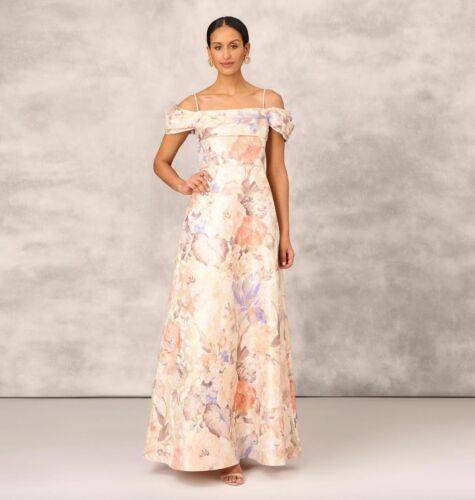 new RRP $460 AIDAN MATTOX SILK FOIL KEYHOLE MAXI DRESS GOWN 12