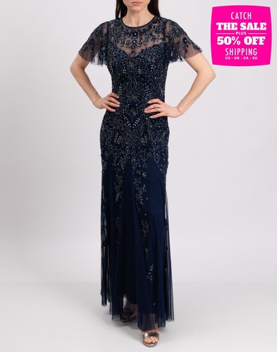 RRP €570 AIDAN MATTOX Tulle Maxi Beaded Gown US6 UK10 IT42 M Blue Flutter Sleeve