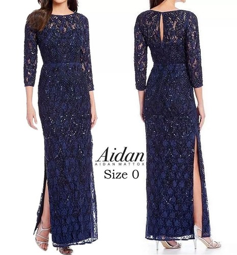 NWT Aidan Mattox Women's Embellished Floral Lace Navy Gown Size 0