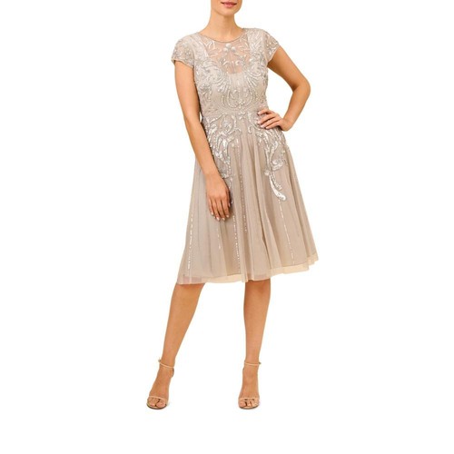 Aidan Mattox Women Fit & Flare Knee Length Dress Short Sleeve Beaded Solid A6263