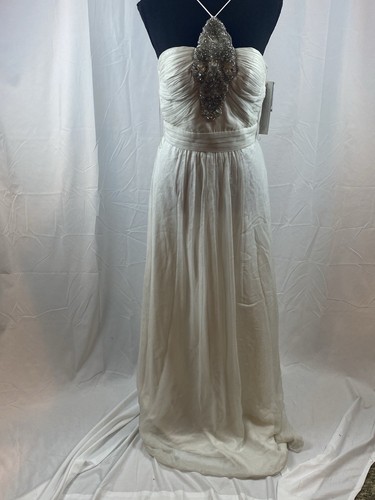 New Aidan Mattox Chiffon Ivory Long Shimmer Beaded Necklace Gown Women’s Size 2