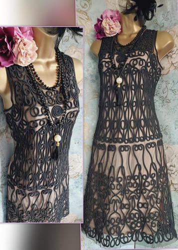Aidan mattox black nude lace tapework Tabbard evening occasion Mini dress 12