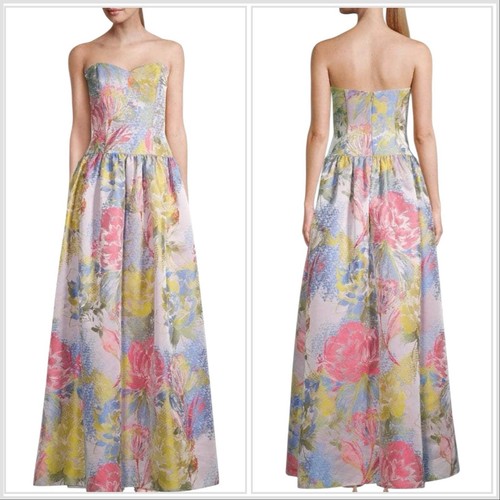 $595 Aidan Mattox Strapless Sweetheart Neck Floral Print A Line Ball Gown Sz 14