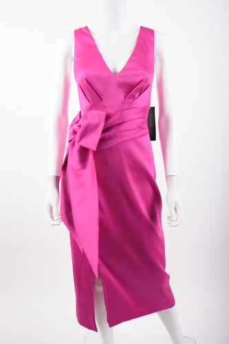 Aidan Mattox Womens Midi Dress Shutter Pleat Satin Bow Party Sz 8 Pink Flame NWT