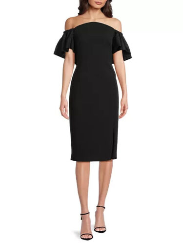 Aidan Mattox Off The Shoulder Sheath Midi Dress $375 Black LBD sz 12 Cocktail