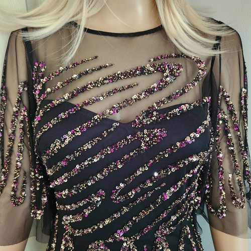 Aidan Mattox Women's Black Beaded Mesh Flutter Sleeve Cocktail Dress Size 0