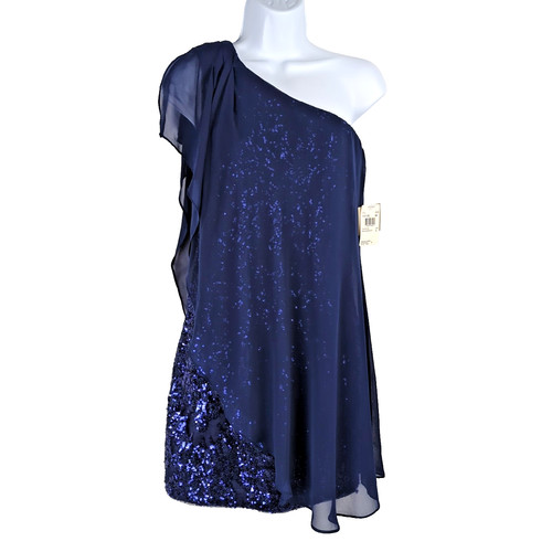 Aidan Mattox   Blue Sequin One Shoulder Cocktail Dress   Sheer Overlay Sz 2 NWT