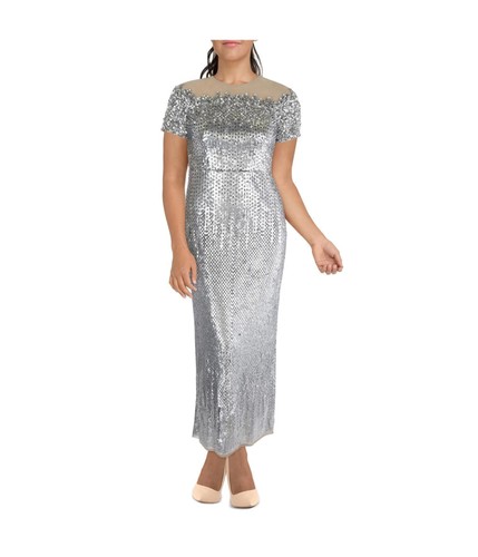 Aidan Mattox Womens Fully Beaded Column Gown Dress  silver  14
