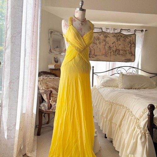 yellow 100% silk fairy y2k prom dress aidan mattox size 8