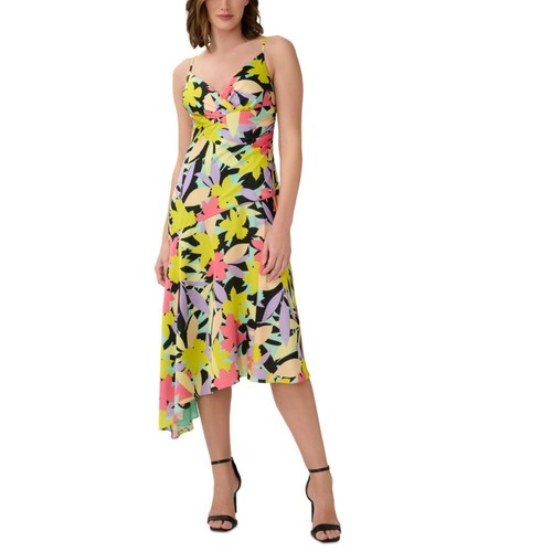 Aidan Mattox Women Sheath Midi Dress Sleeveless Ruffle Floral V Neck C87
