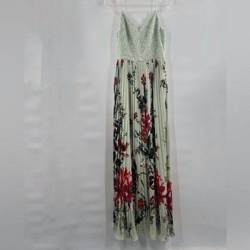 aidan mattox green pleated floral maxi dress spaghetti straps 6 lace bodice