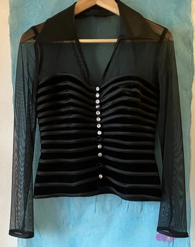 JS Collections Women TOP Black Velvet & Mesh  Rhinestone Buttons Sheer Corset  4